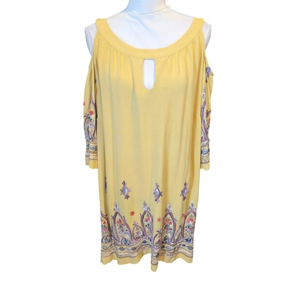 Cato Mustard Colored Open Shoulder Long Sleeve Embroidered Mini Dress - Picture 1 of 5